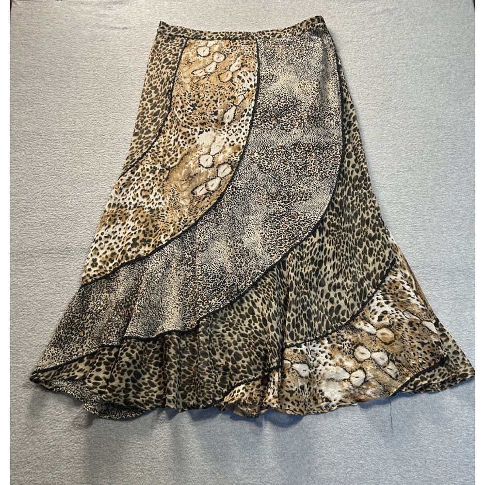 Life Style Tiered Midi Skirt Petite Small PS Animal Print Leopard Snake Boho
